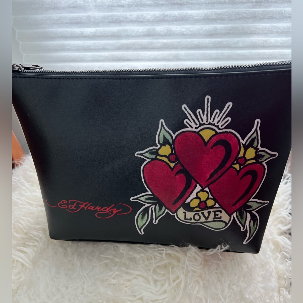Ed Hardy Black Cosmetic Pouch with Red Heart Tattoo Motif
